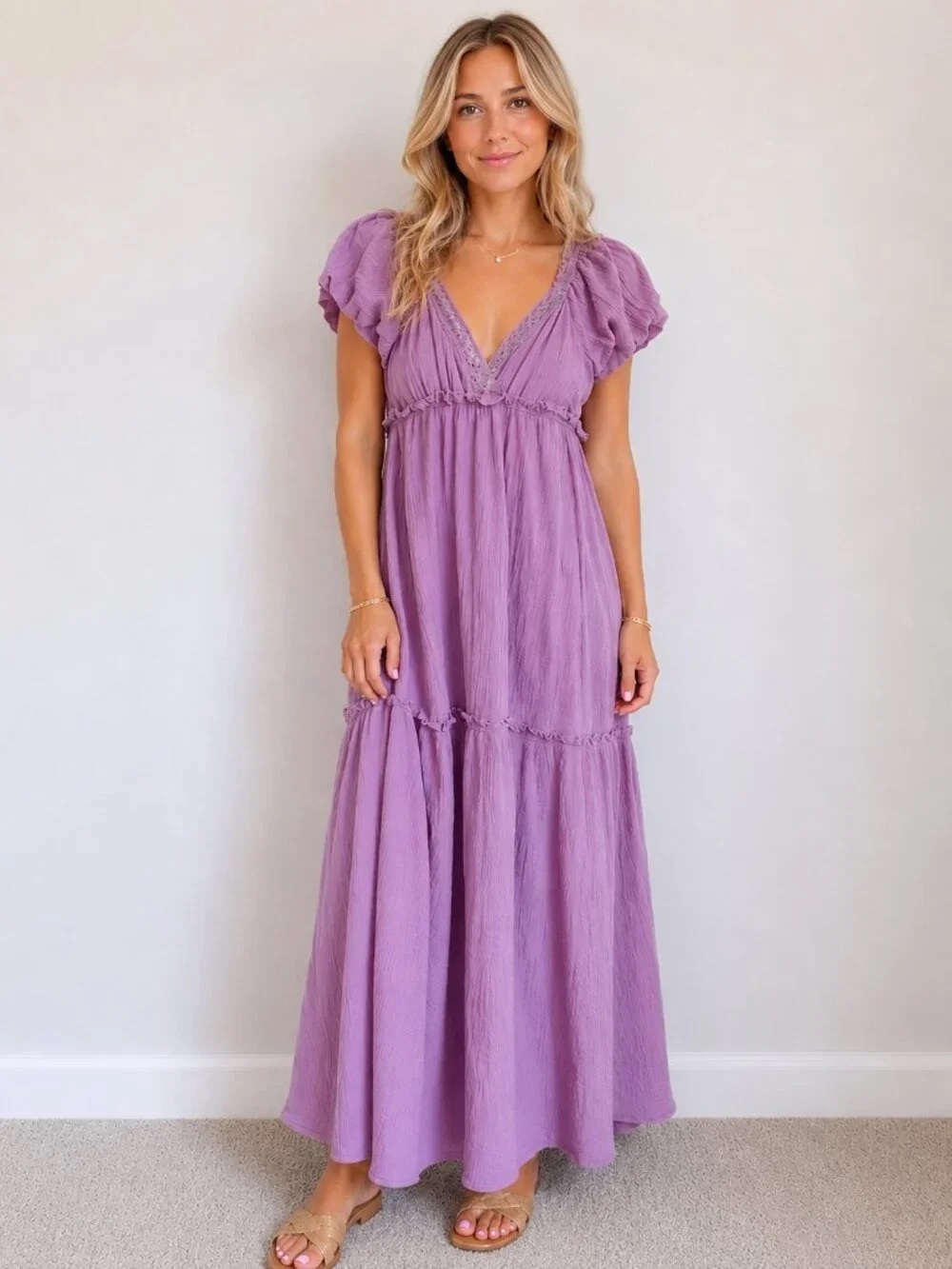Lavender V-Neck Tiered Maxi Dress